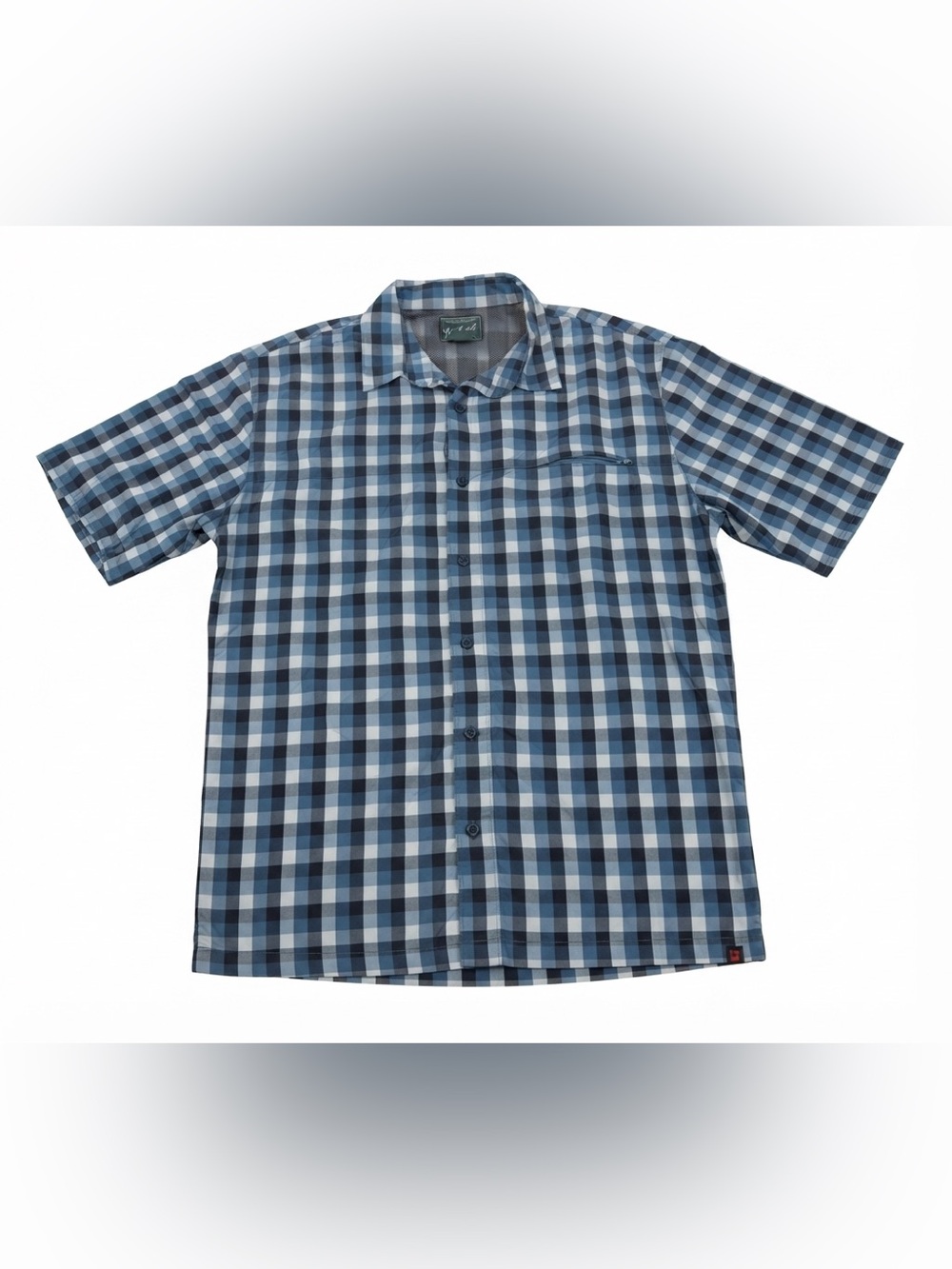 Woolrich Men's XL Short Sleeve Button Up Shirt Blue Buffalo Plaid Fishing Vented